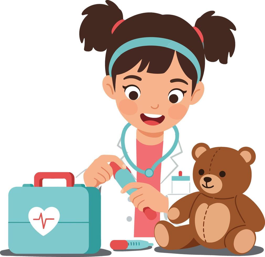 Young girl playing doctor with teddy bear and medical kit in bright setting vector