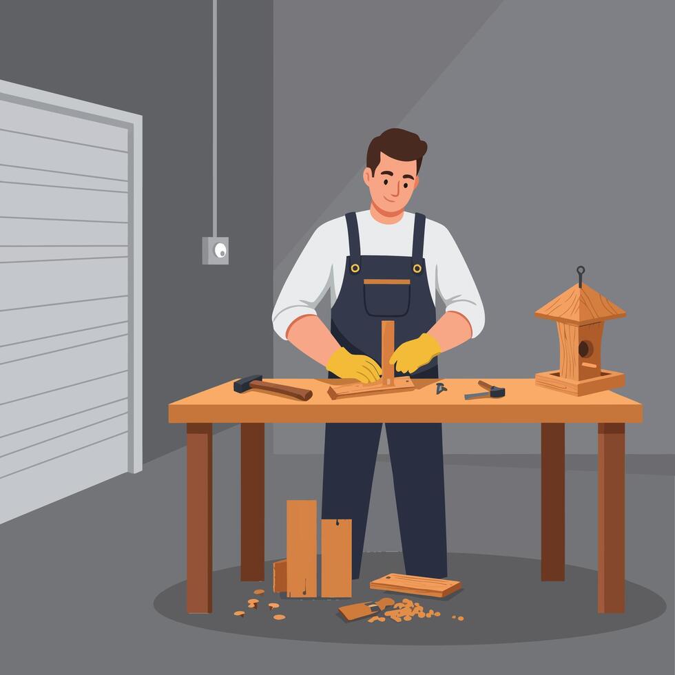 Craftsman assembling wooden birdhouse with tools on a workbench in workshop vector