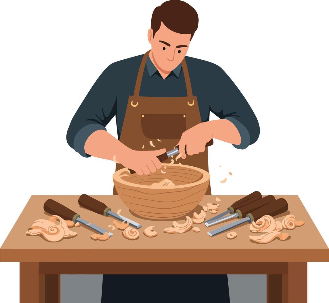 A skilled craftsman shaping wood with tools at a workshop table vector