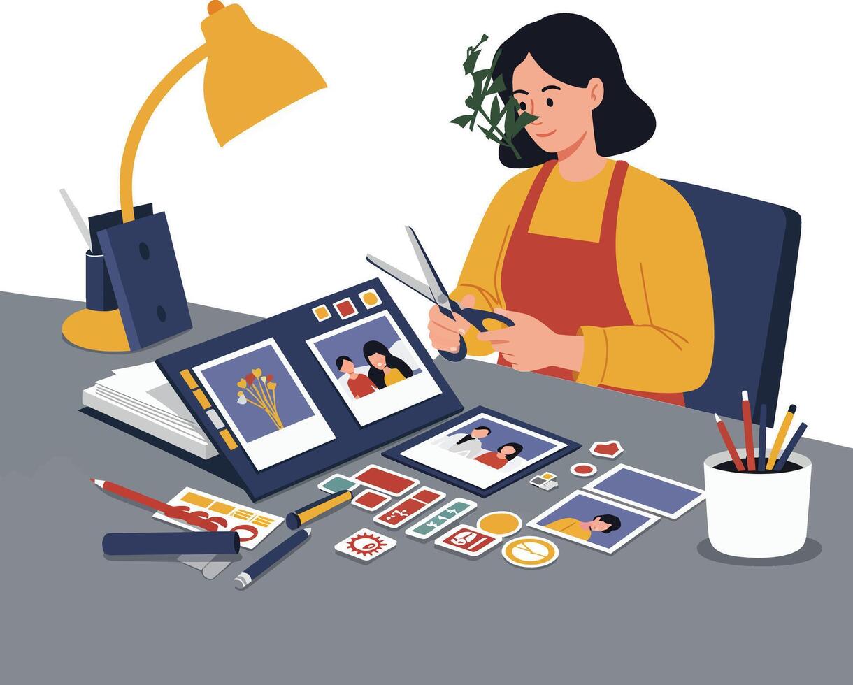 Creative woman crafting a scrapbook surrounded by colorful materials and tools vector