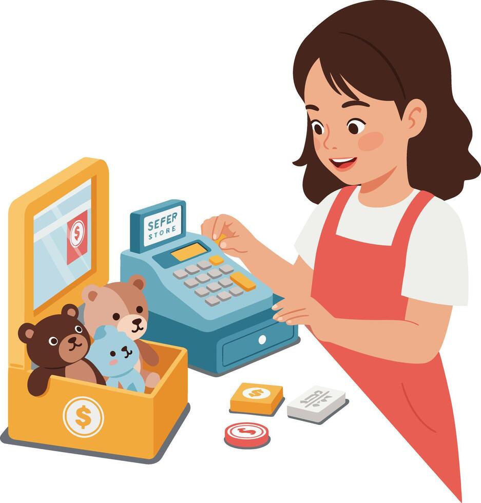 Young girl using a toy cash register to play shopkeeper with stuffed animals vector