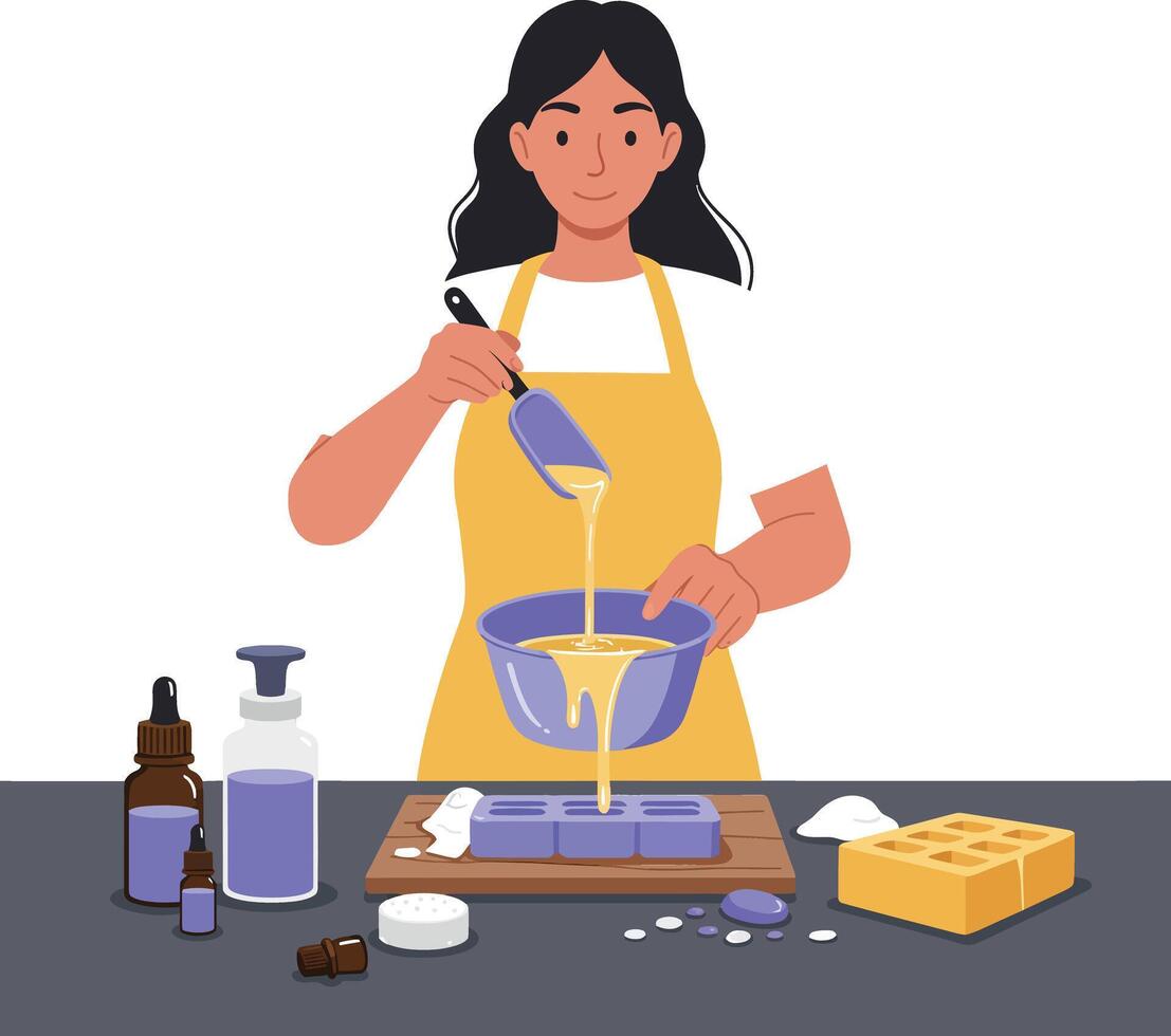 Woman mixing ingredients in a bowl for making soap or candles at a table vector