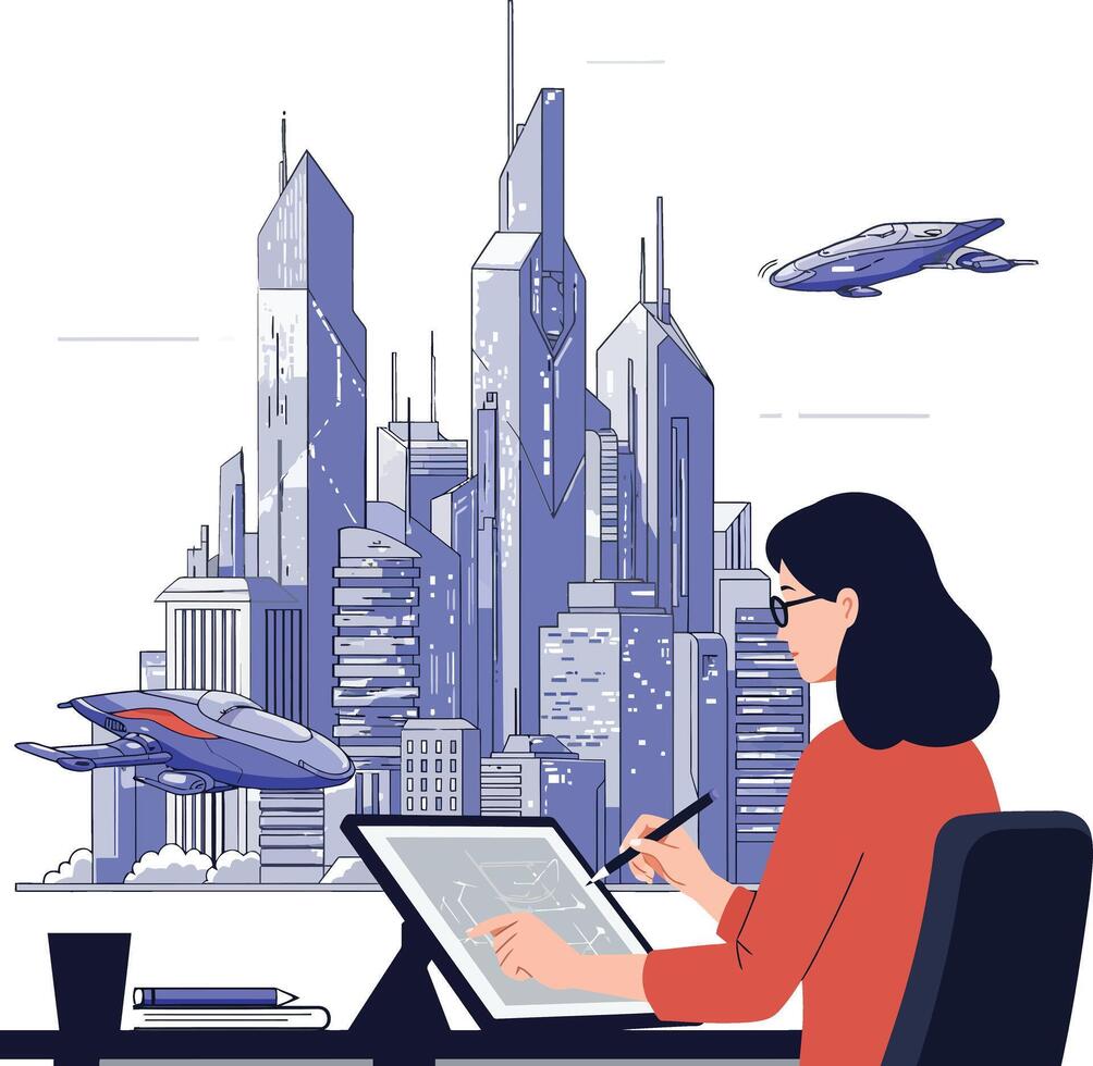Woman designing futuristic cityscape with digital tablet and flying vehicles in background vector