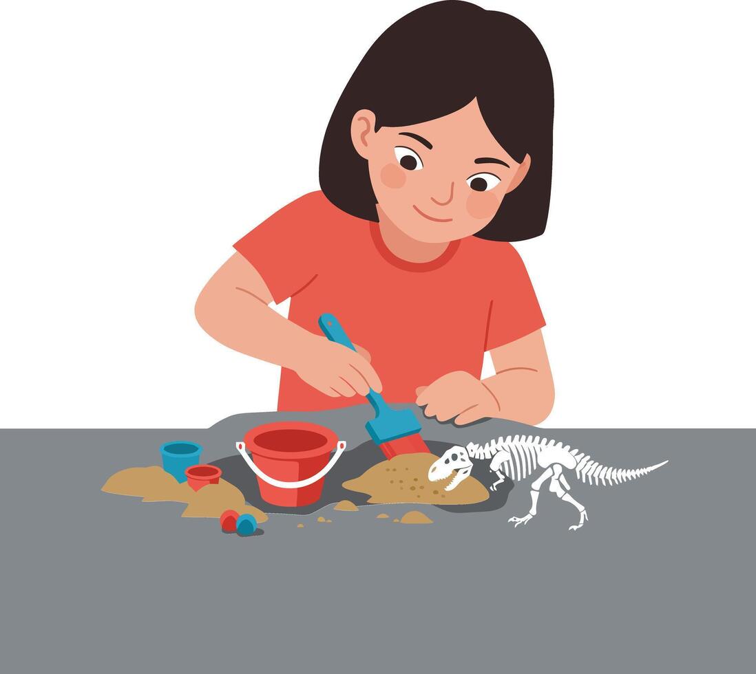 Child excavating dinosaur skeleton with tools and sand in playful learning activity vector