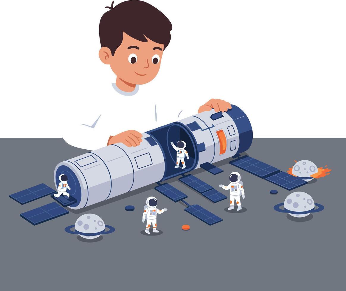 Child playing with a space-themed toy set featuring astronauts and spacecraft components vector