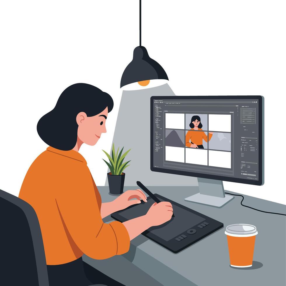 Woman using graphic tablet to design digital art while sitting at desk vector