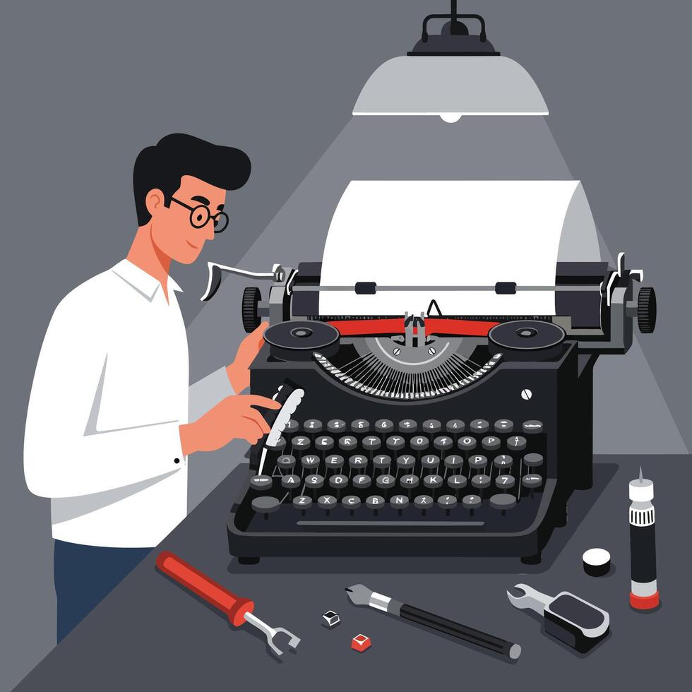 Man repairing an old typewriter using various tools in a well-lit workspace vector