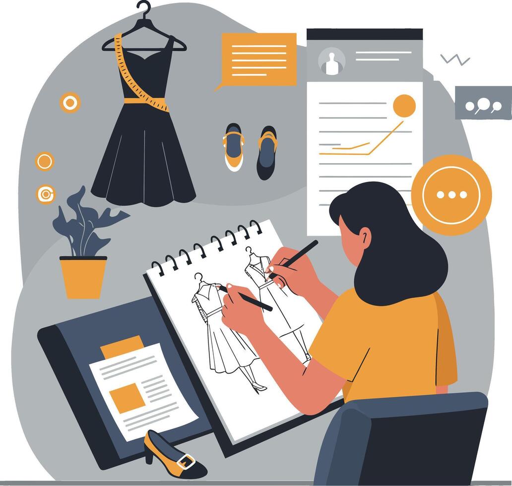 Fashion designer sketching dress designs with tools and inspirations in a creative workspace vector