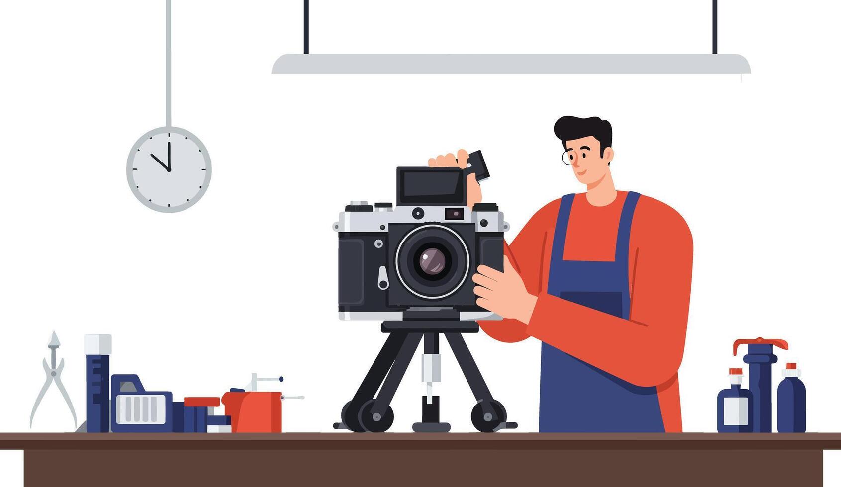 Man adjusting vintage camera in a photography workshop with various tools around vector