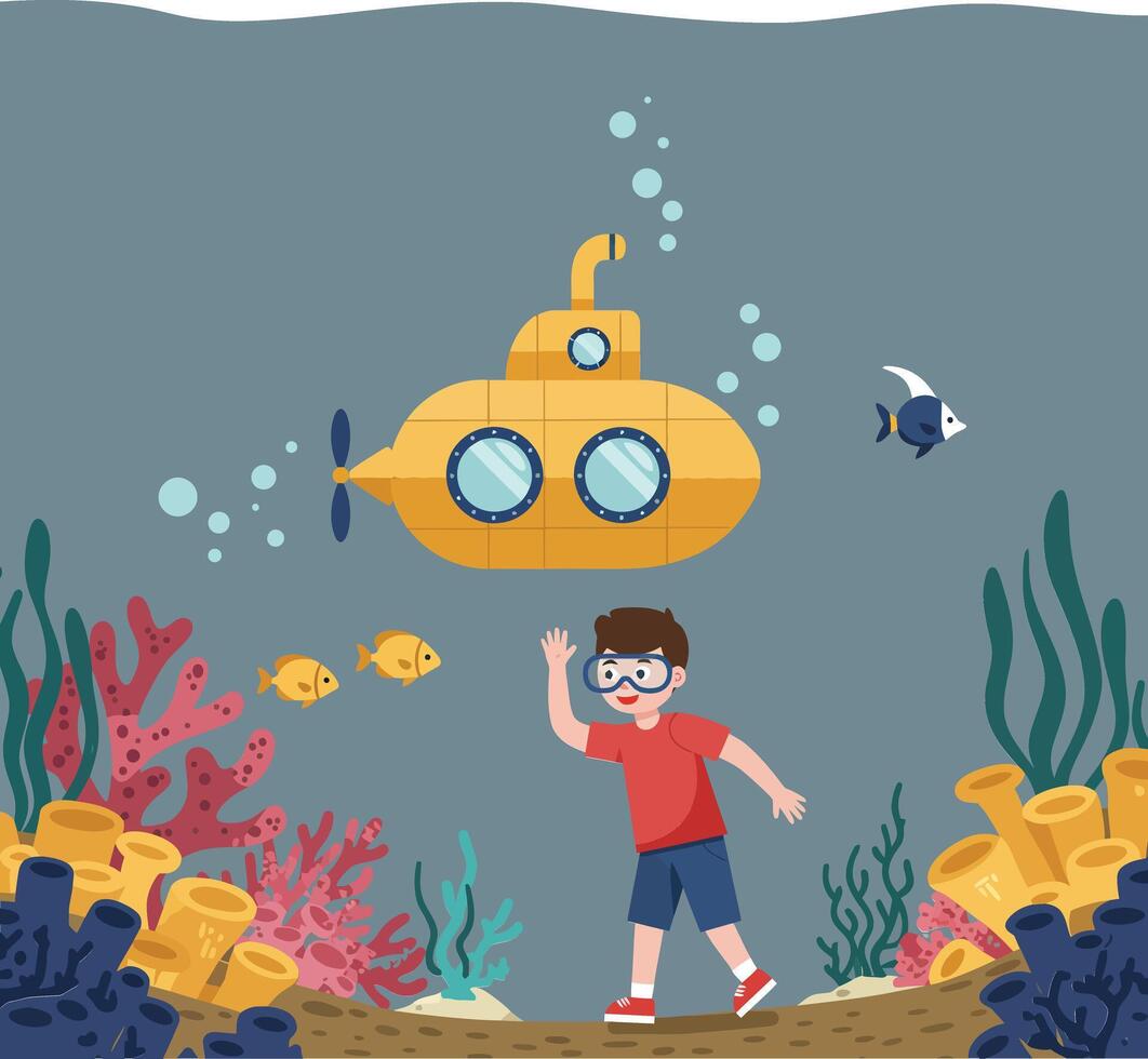 Child swimming underwater near a yellow submarine with colorful fish and coral vector