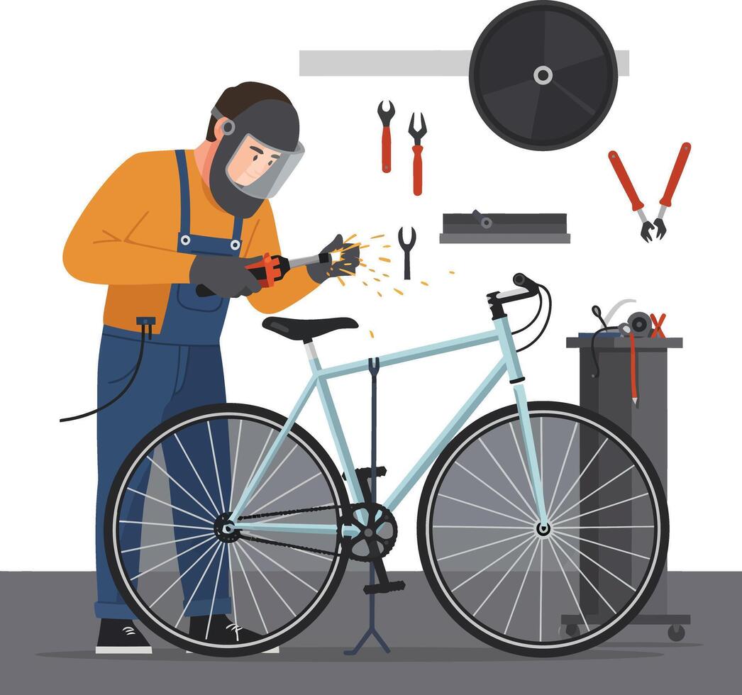 Mechanic repairing a bicycle in a workshop with tools and sparks flying vector