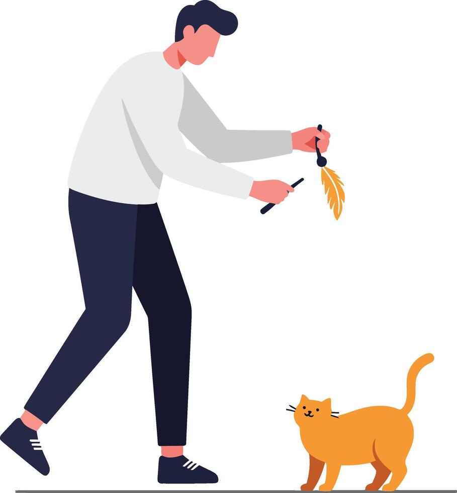 Person playing with a playful cat using a feather toy and enjoying time together vector