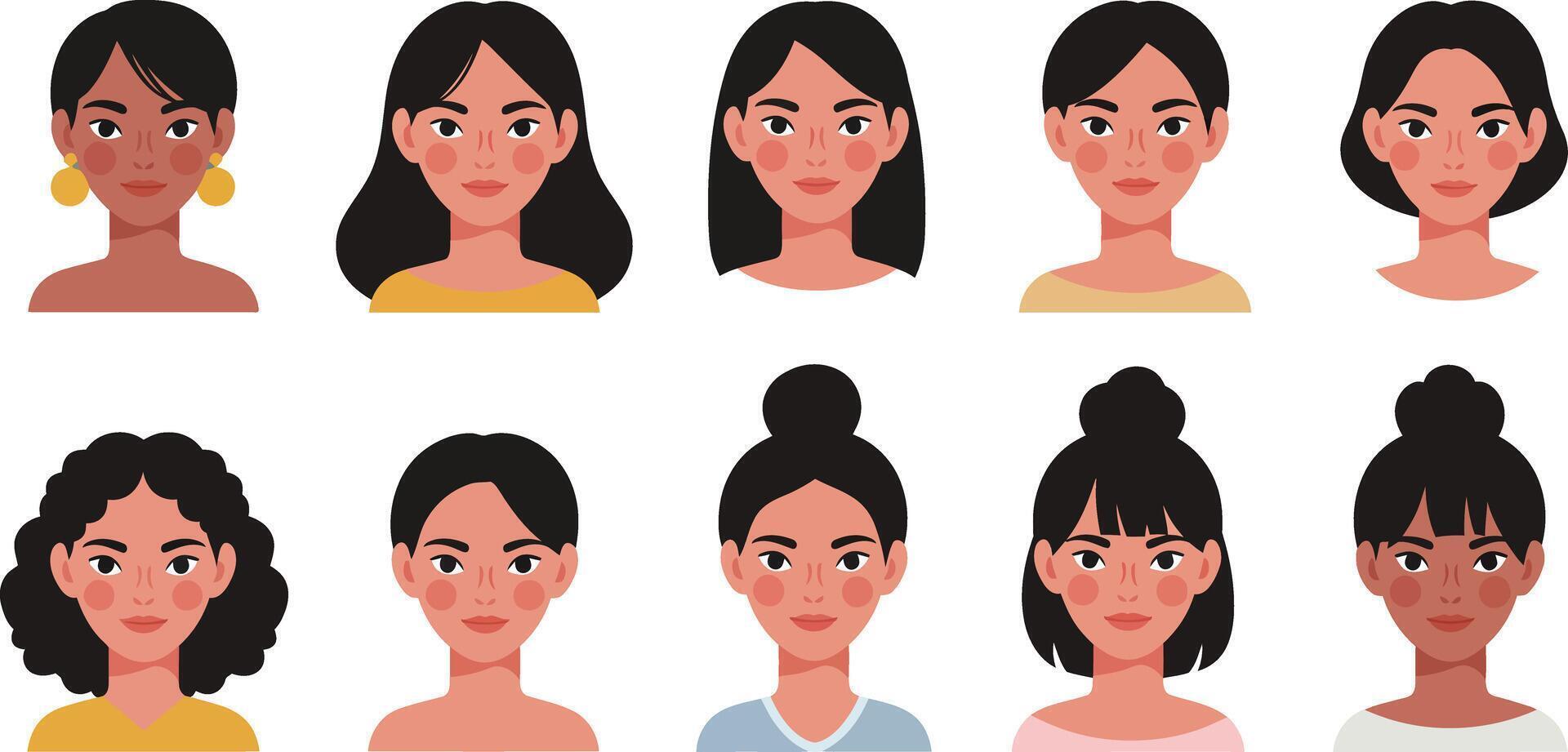 Diverse female characters displaying different hairstyles and expressions in a grid layout vector