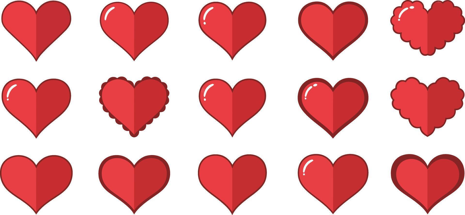 Various red heart designs showcasing different shapes and styles in a grid format vector
