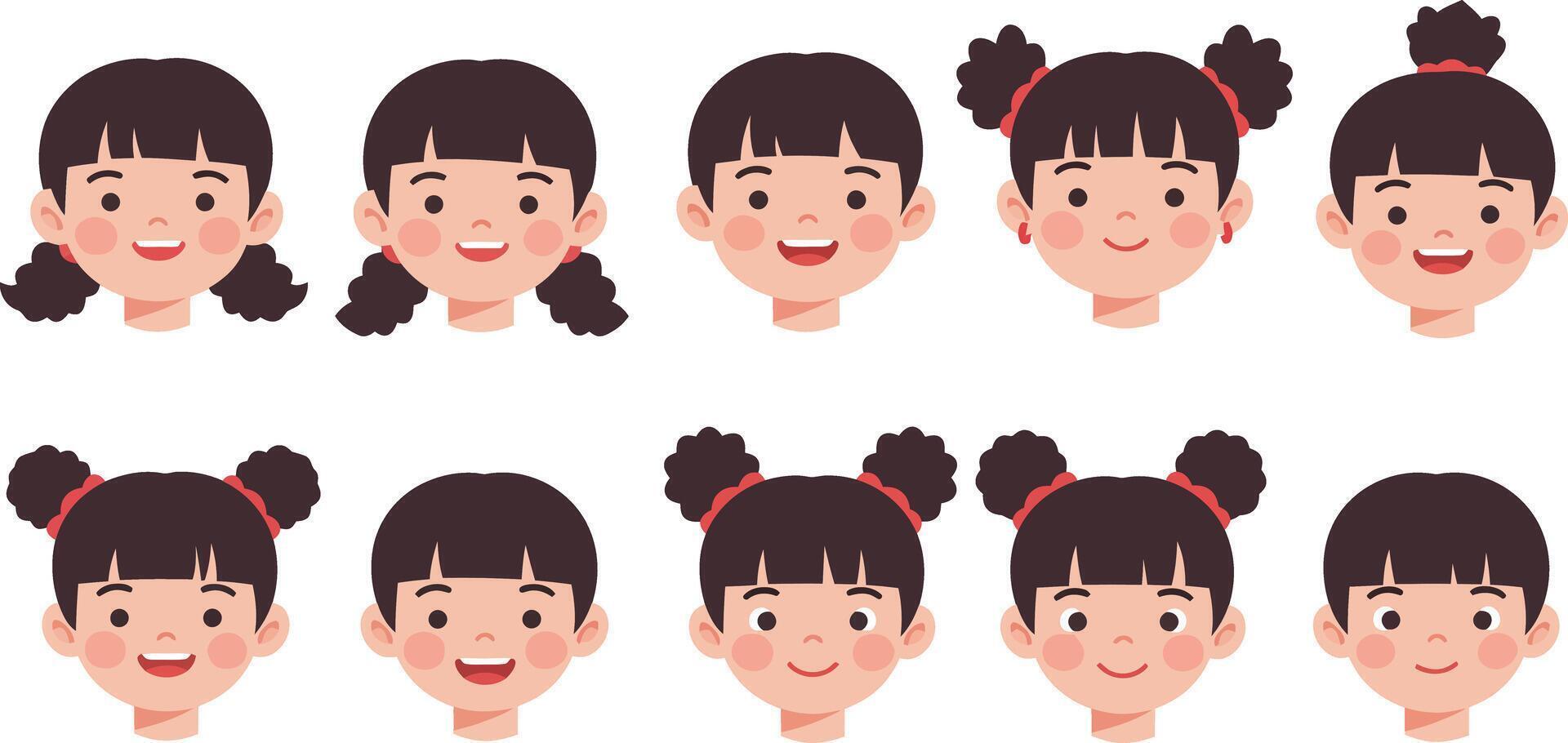 Different hairstyles showcased on cartoon girls face with cheerful expressions and styles vector