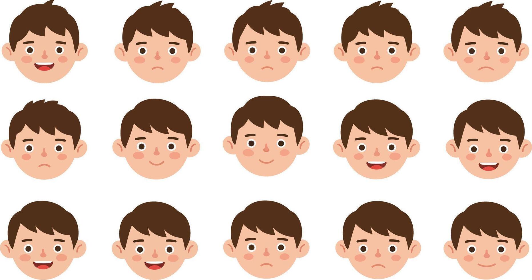 Set of cartoon faces displaying various emotions and expressions in a grid layout vector