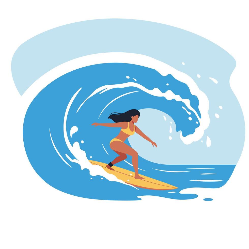 Surfer riding a wave in vibrant colors, flat design art