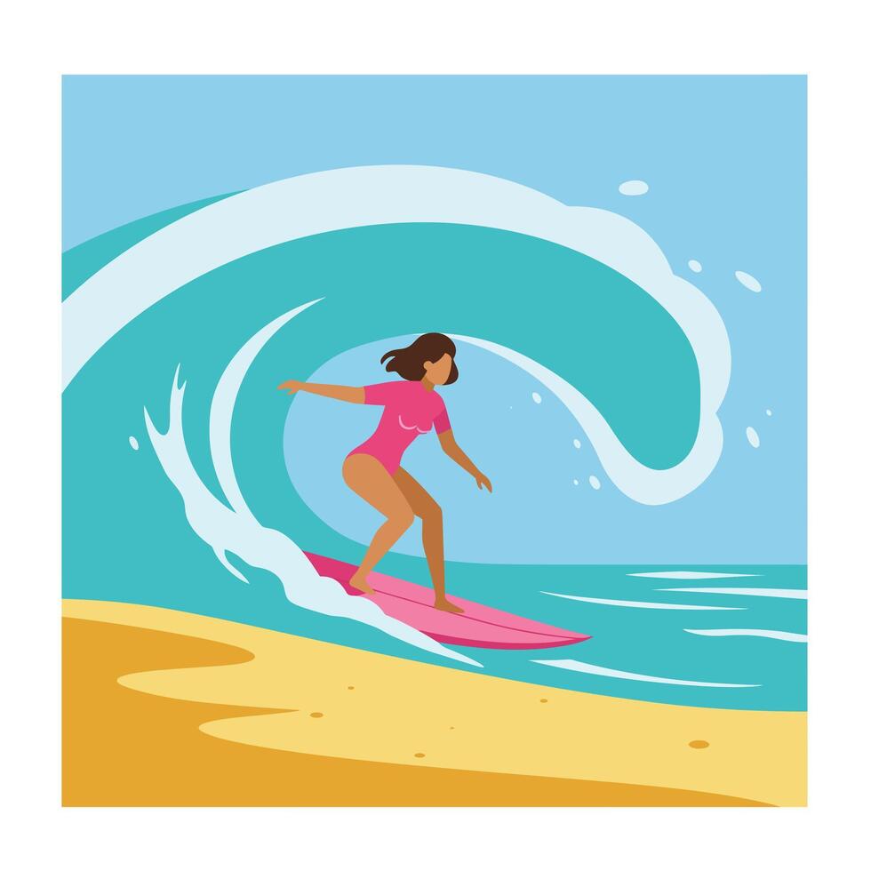 Surfer riding a wave in vibrant colors with minimal design art vector