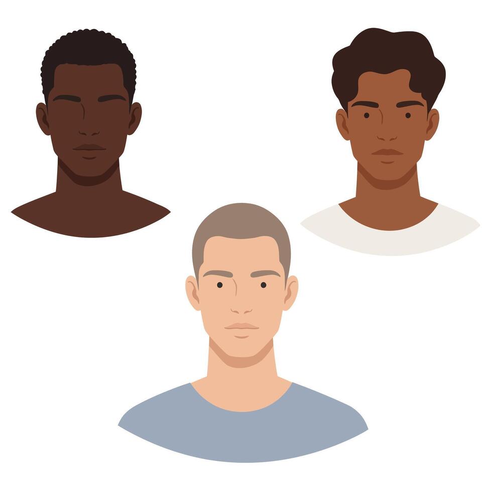 Three diverse male portraits in minimal style showcasing different hairstyles and skin tones art vector