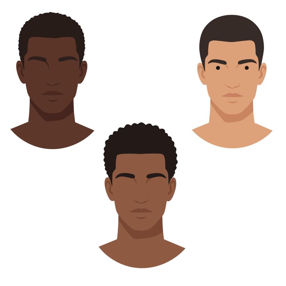 Diverse male faces with varying features in flat design art vector