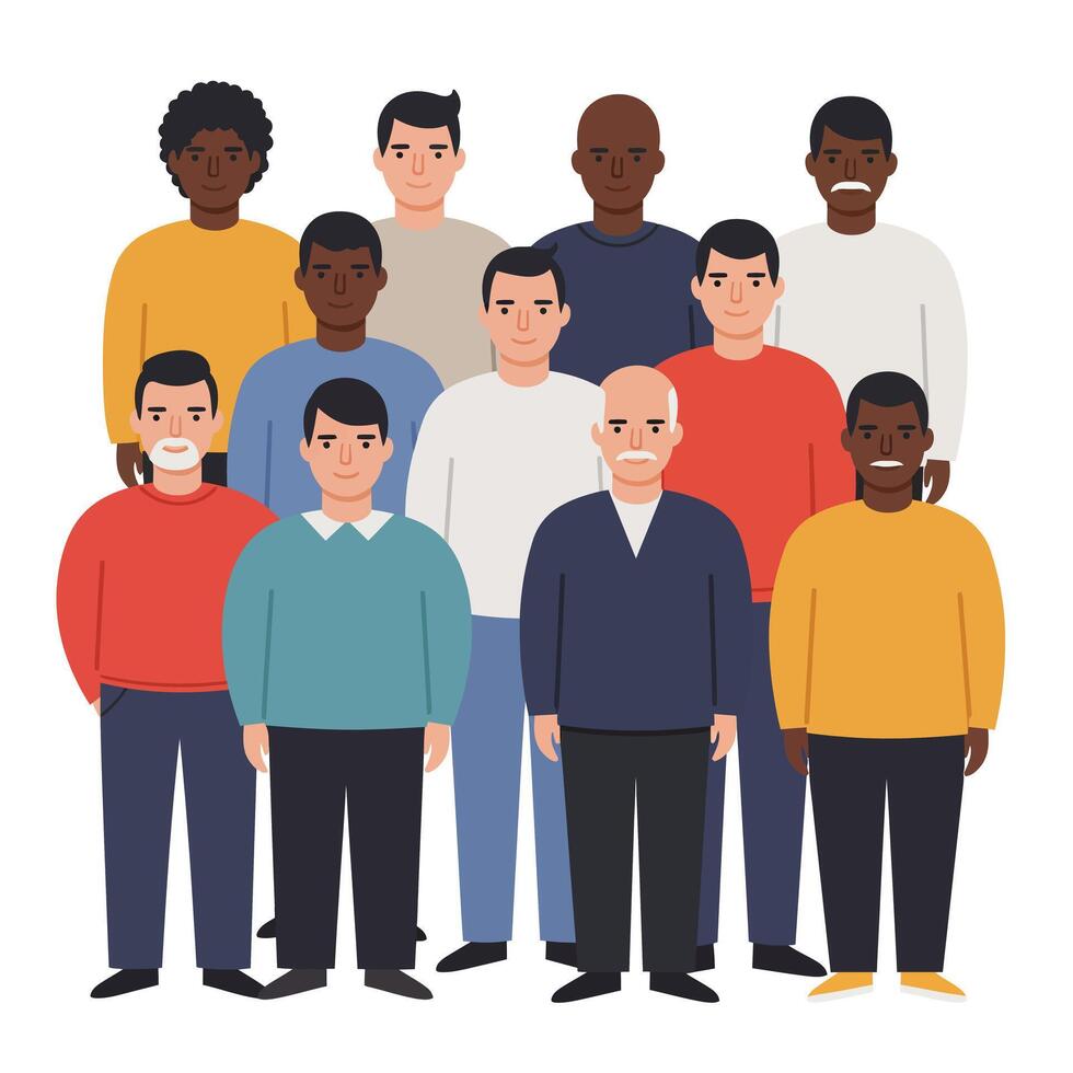Group of diverse men smiling in flat design art vector