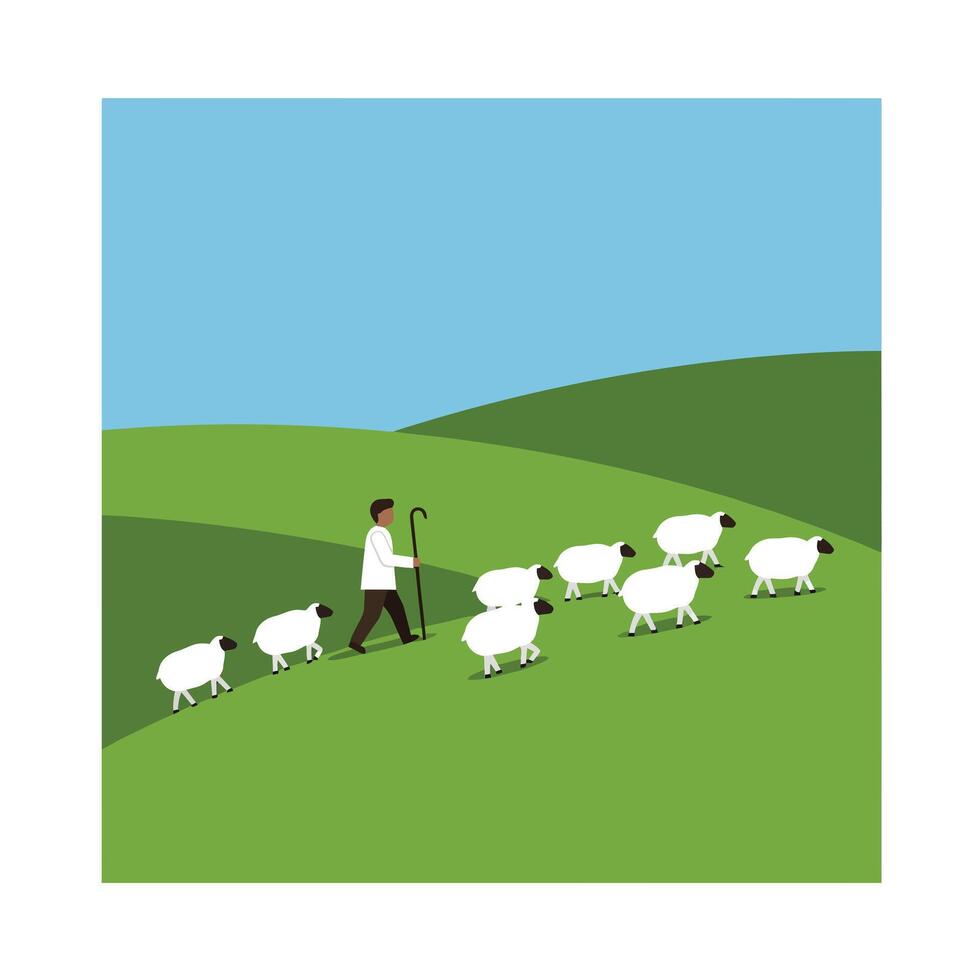 Shepherd guiding sheep in lush green hills with flat art style illustration vector