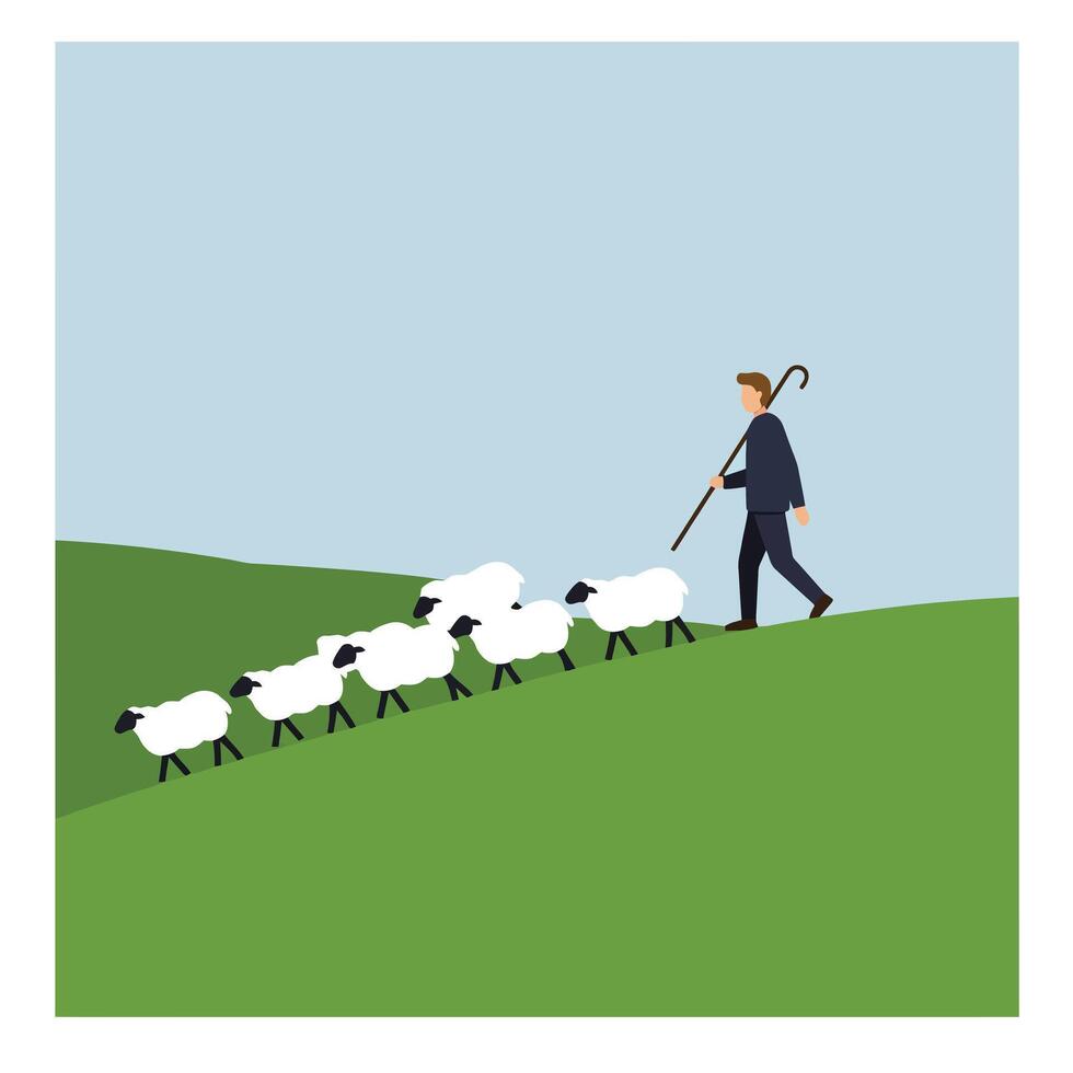 Shepherd guiding sheep across green hills in flat illustration dqwde vector