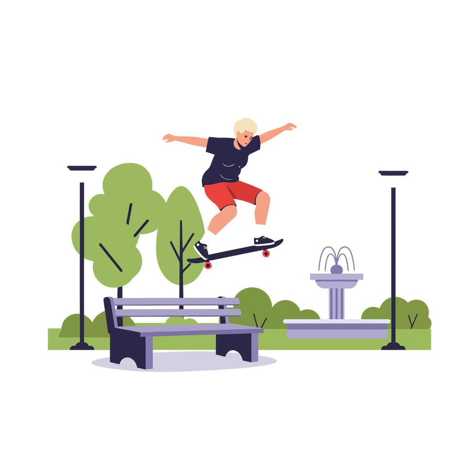 Skateboarder performing tricks in urban park flat illustration vector