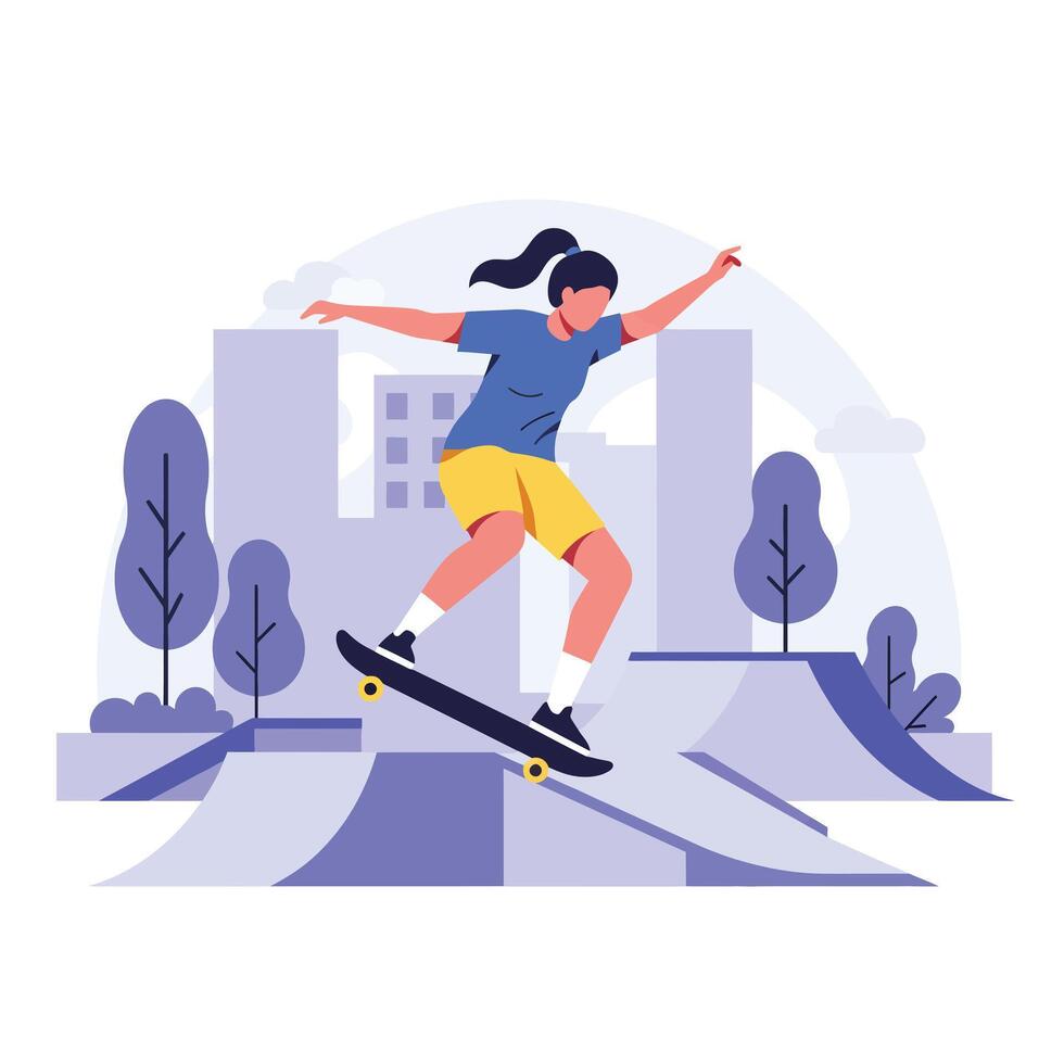 Skateboarder performing tricks in a vibrant urban setting, flat design art vector