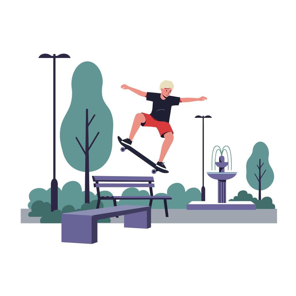 Skateboarder performing tricks in a park setting with minimal flat art vector