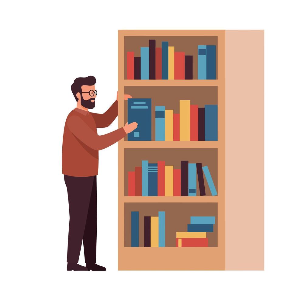 Man organizing books on a shelf in flat illustration vector