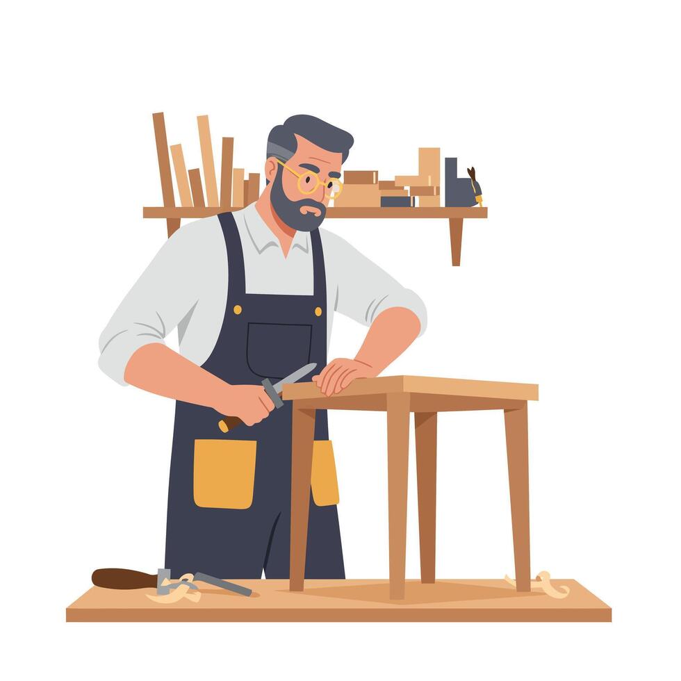 Craftsman working diligently on a wooden table in flat art vector