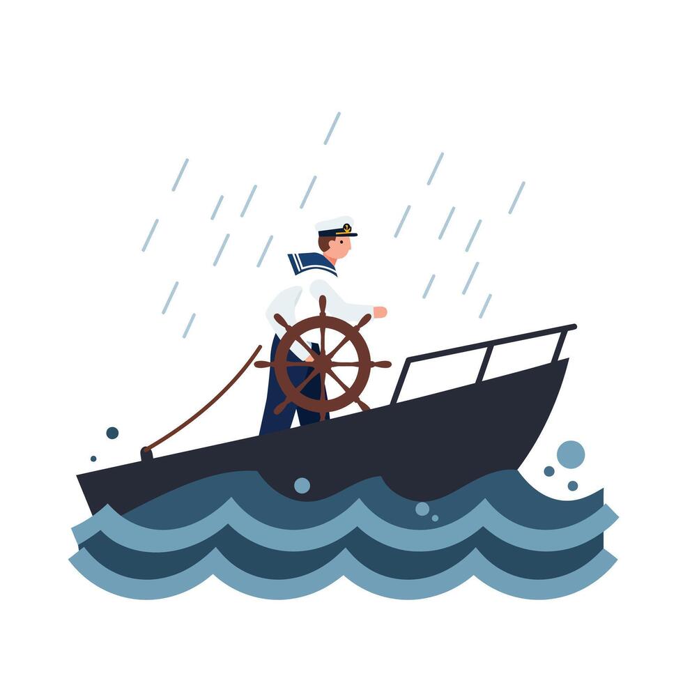 Sailor navigating a boat in the rain with waves illustrated in flat art vector