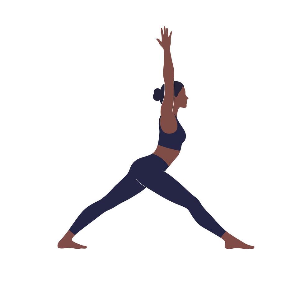 Yoga pose illustration featuring a woman in warrior stance with flat design art vector