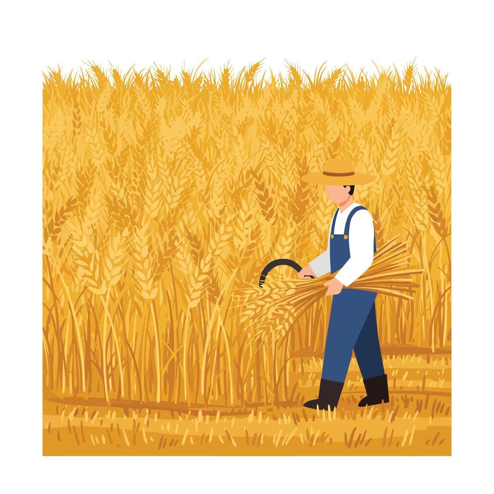 Farmer harvesting wheat in golden fields with flat, colorful design art vector