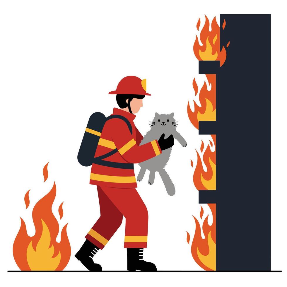 Firefighter rescuing cat from flames in flat illustration vector