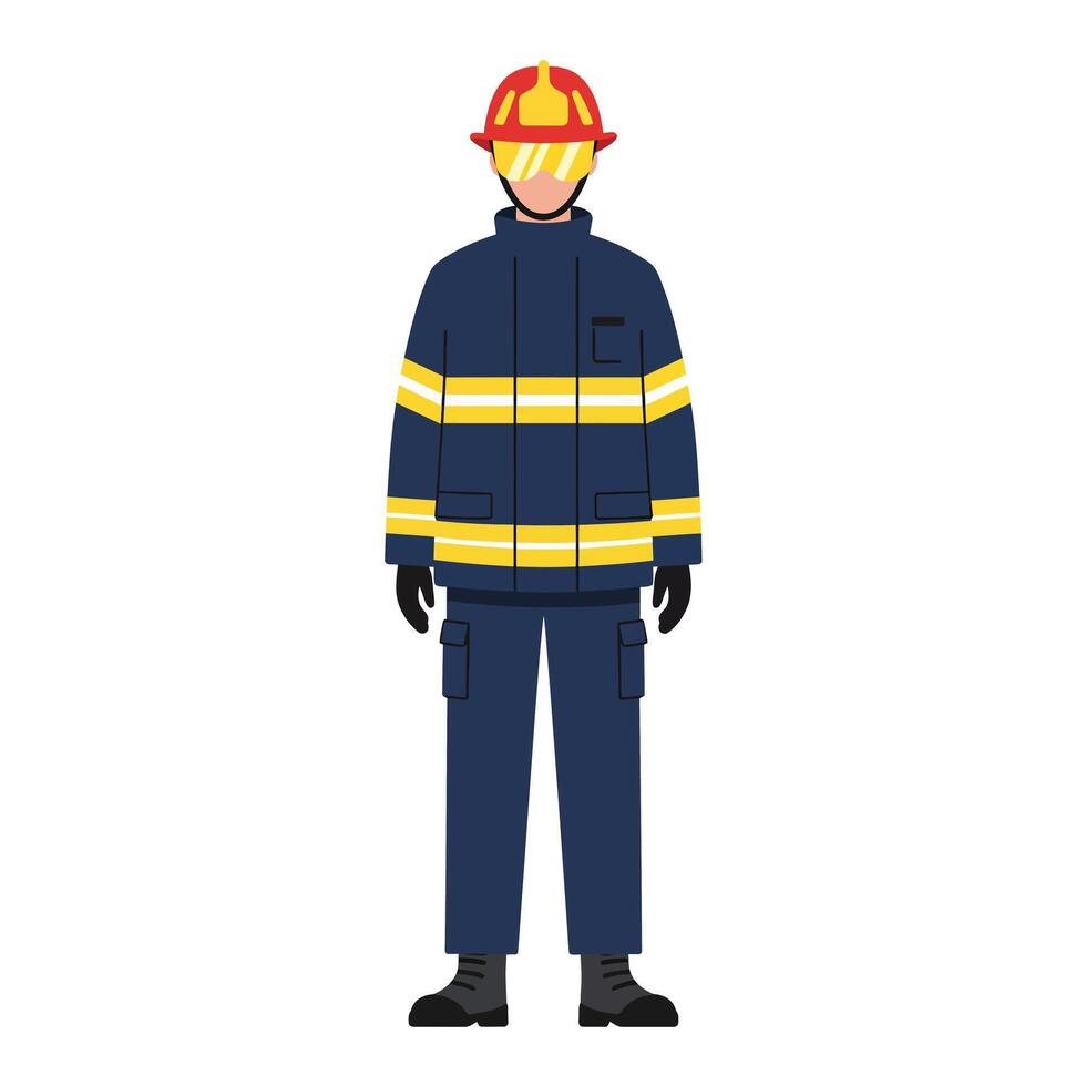 Firefighter in uniform with helmet and reflective stripes in flat illustration vector