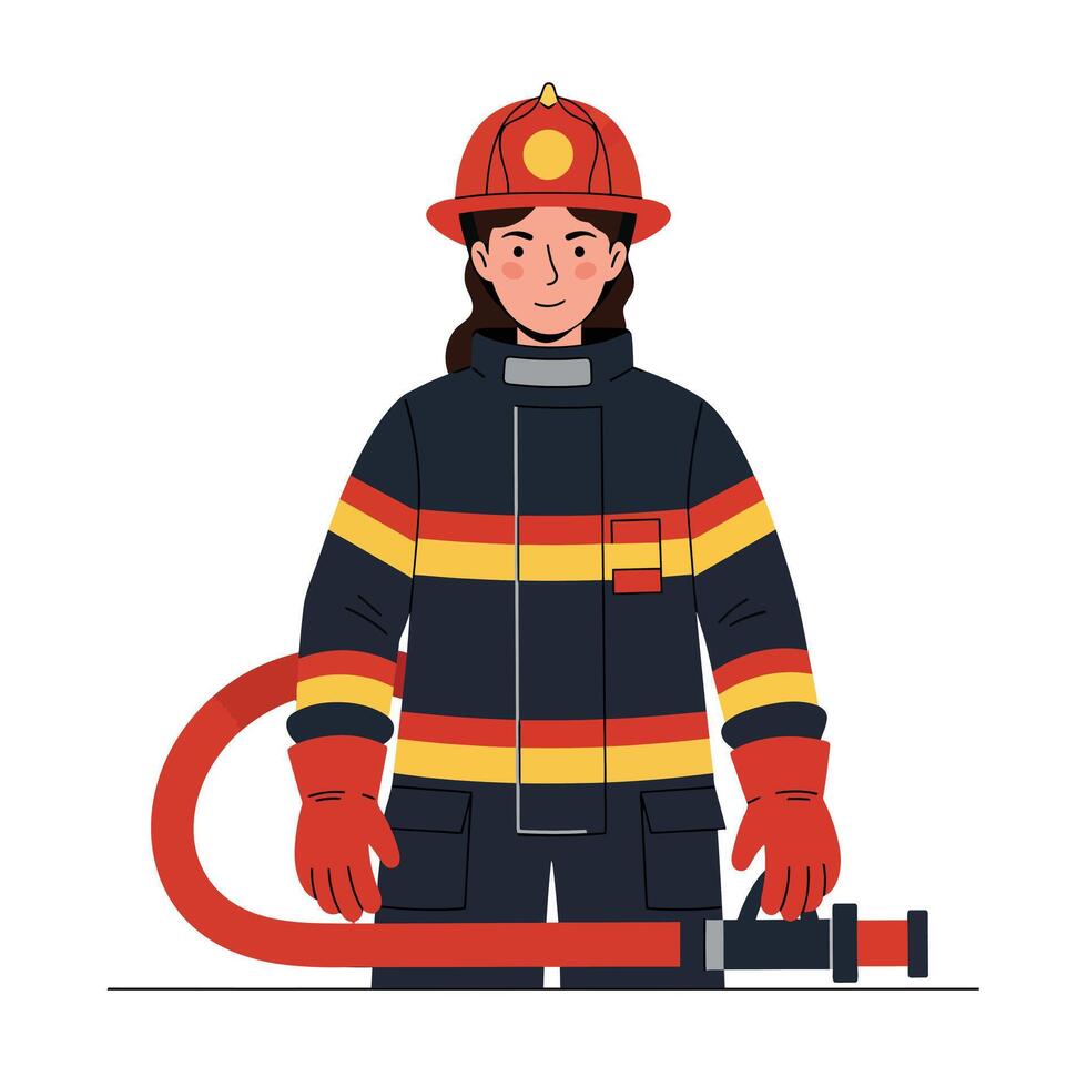Firefighter character in detailed flat style with hose in art vector