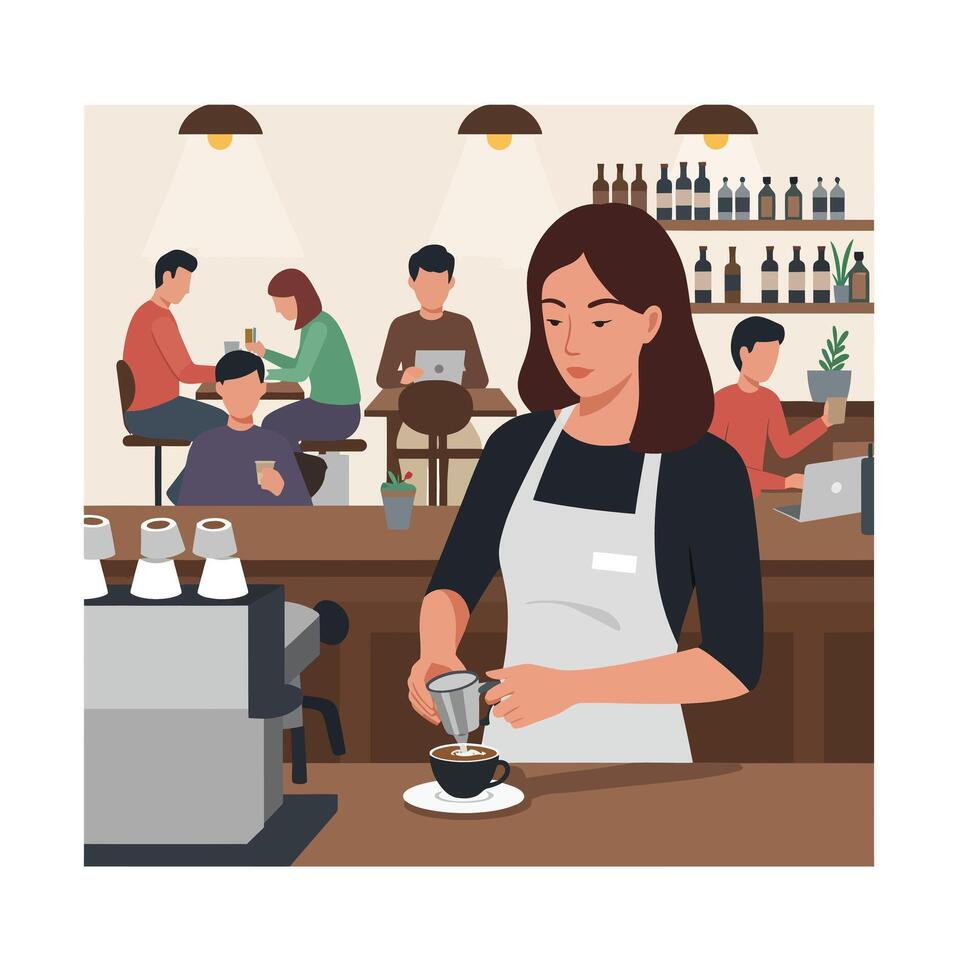 Barista preparing coffee in a cozy cafe setting with flat art style illustration vector