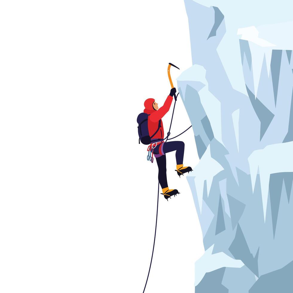 Climber ascending icy mountain in minimal style with dynamic movement in illustration vector