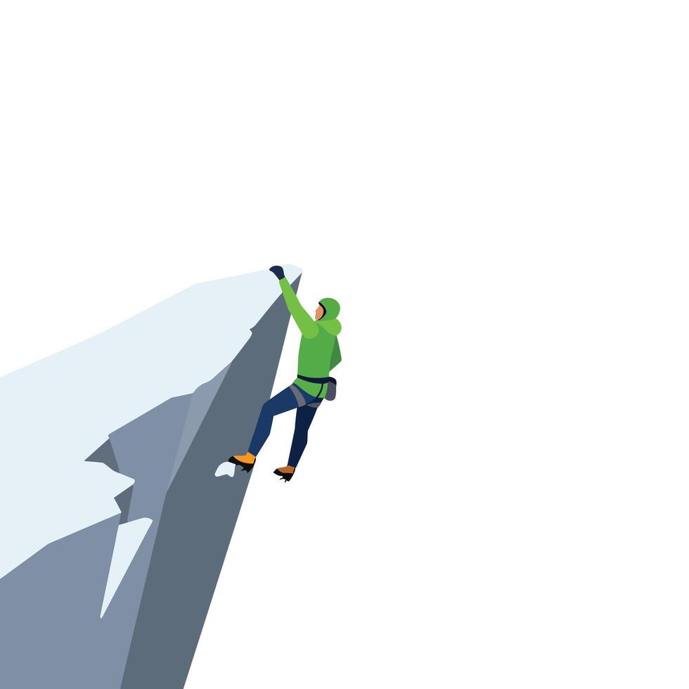 Climber scaling icy cliff in dynamic pose minimal illustration vector