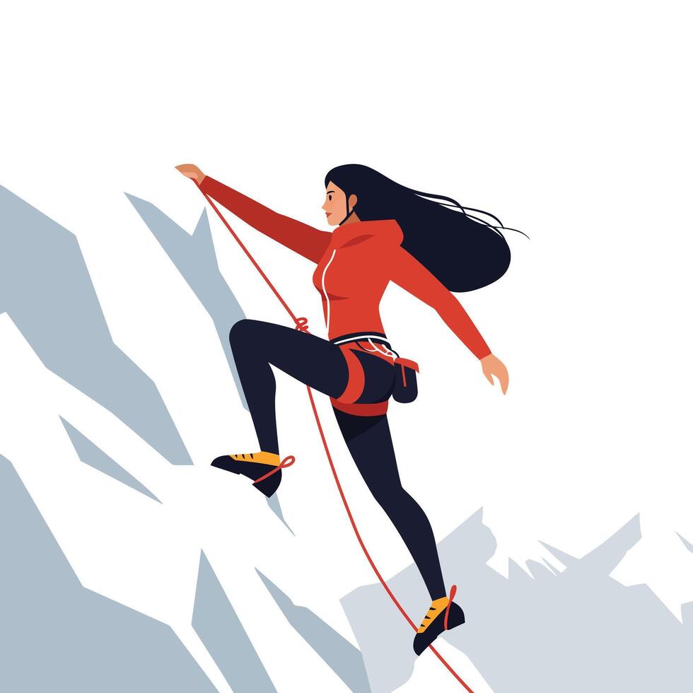 Climber ascending steep rock face in minimal flat design illustration vector