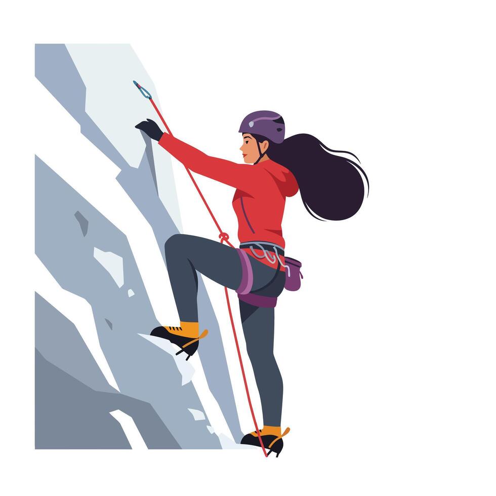 Climber ascending steep rock face in flat illustration style depicting adventure and determination art vector