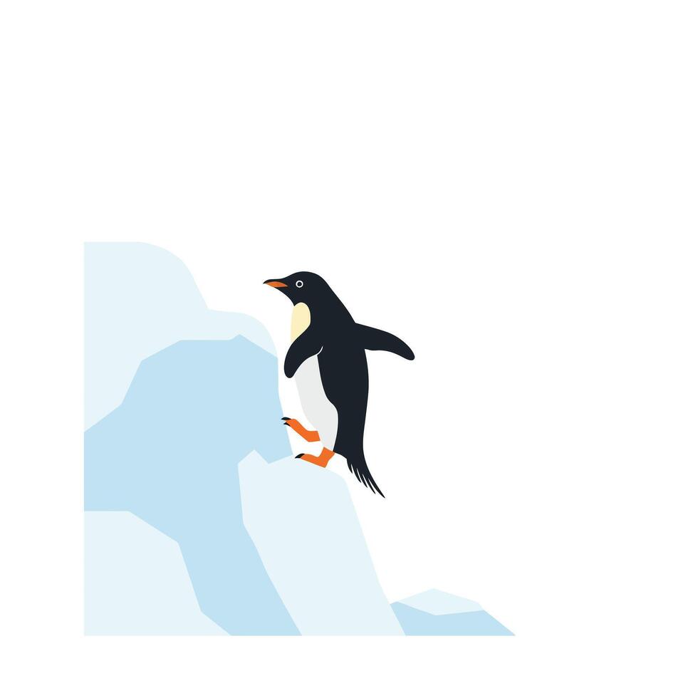 Penguin climbing a snowy mountain in flat and minimal art vector