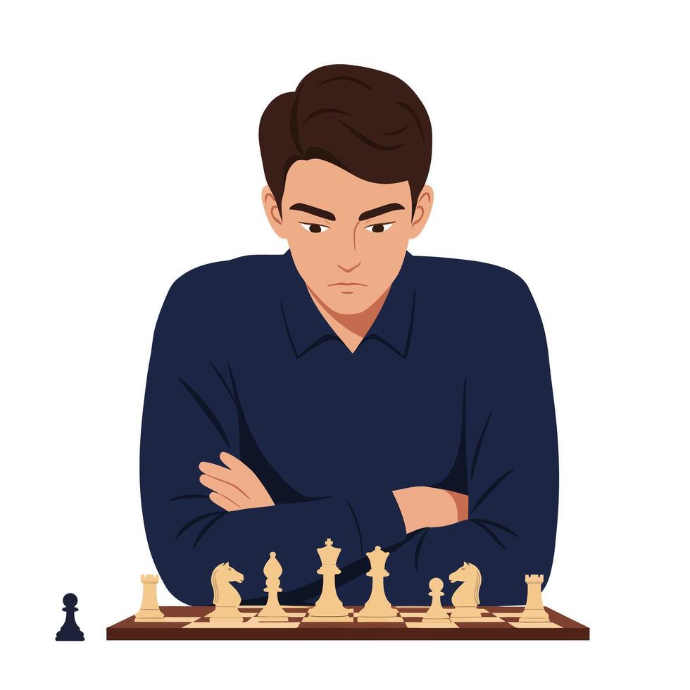 Chess player contemplating strategy in flat minimal illustration vector