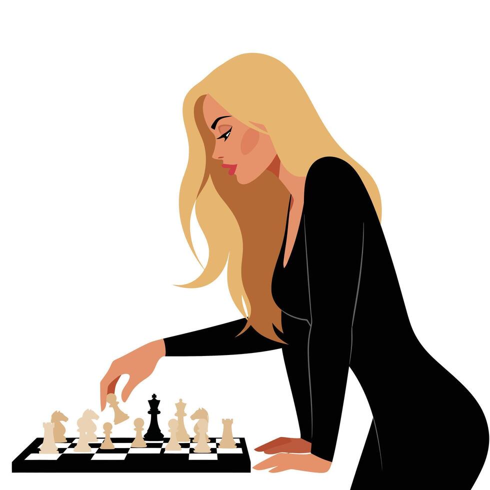 Woman playing chess with a focused expression in flat art vector