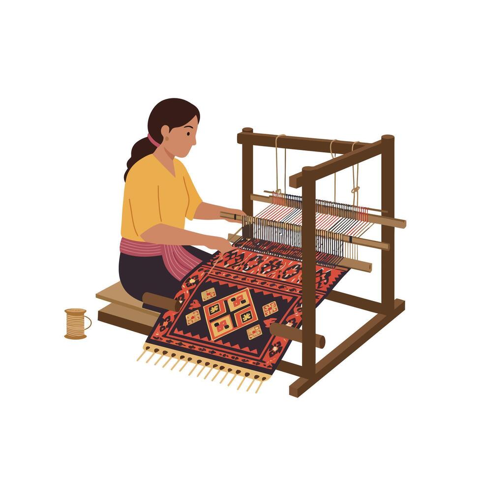Woman weaving a colorful tapestry on a loom in flat art vector