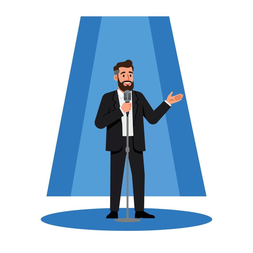 Stand-up comedian performing on stage in minimal flat design art vector