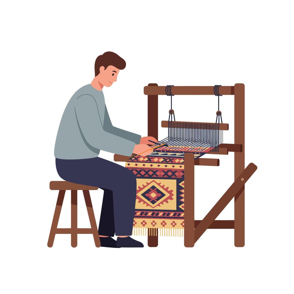 Weaver working on traditional loom with detailed patterns in flat illustration vector