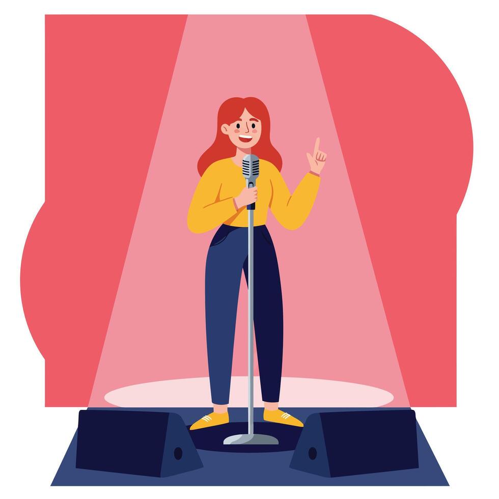 Woman singing confidently on stage in vibrant colors, flat design illustration vector